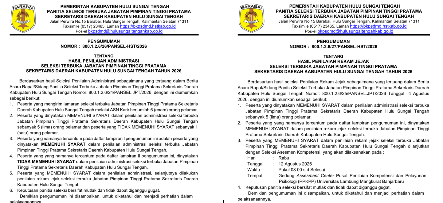 PENGUMAN PENILAIAN HASIL ADMINISTRASI DAN REKAM JEJAK SELEKSI TERBUKA  JABATAN PIMPINAN TINGGI PRATAMA SEKRETARIS DAERAH KABUPATEN HULU SUNGAI TENGAH  TAHUN 2026